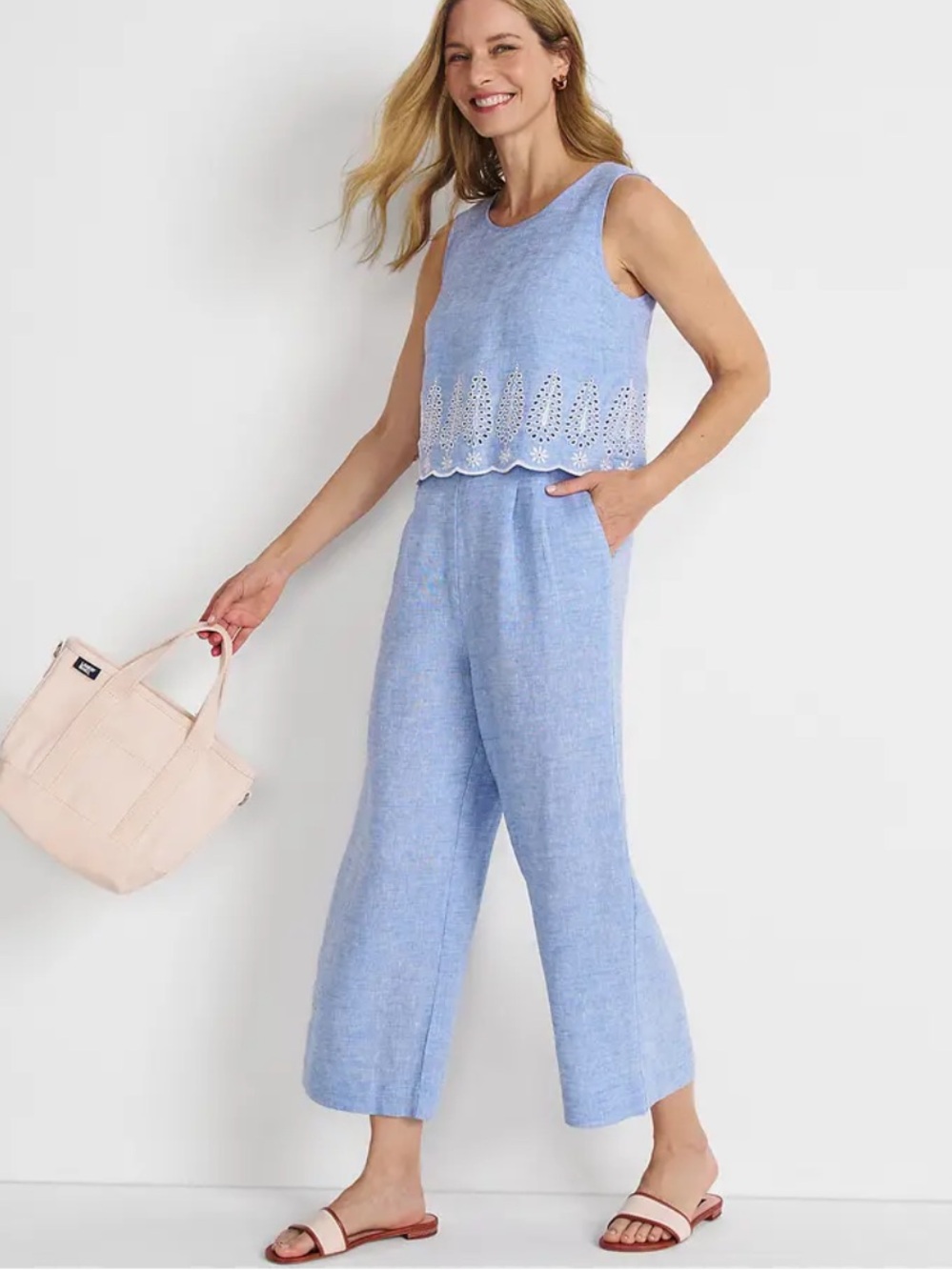 Lands’ End Embroidered Linen Wide Leg Jumpsuit Sz 14 Resort Coastal 4th of July